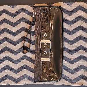 Via Spiga Black Patent Leather Clutch w/ Buckle & Wristlet